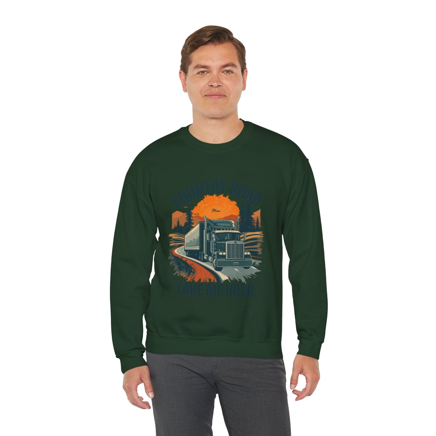 Crewneck Sweatshirt — "Country Road Take Me Home" Trucking Sunset Graphic
