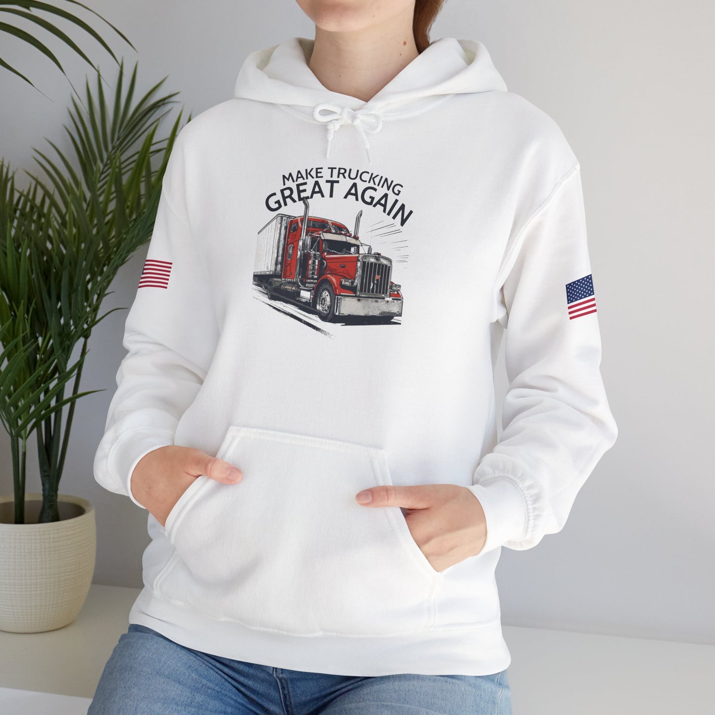 Trucker Hoodie - "Make Trucking Great Again" American Flag Sleeves