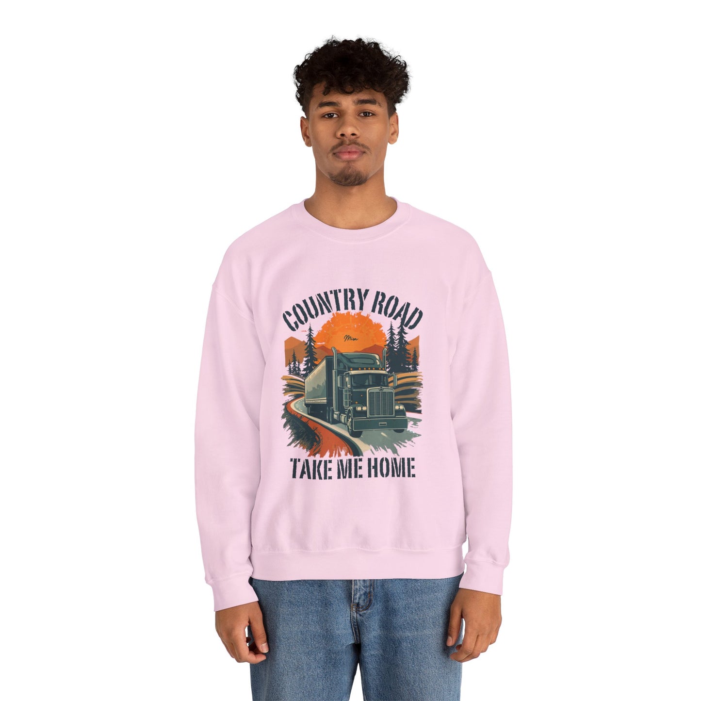Crewneck Sweatshirt — "Country Road Take Me Home" Trucking Sunset Graphic