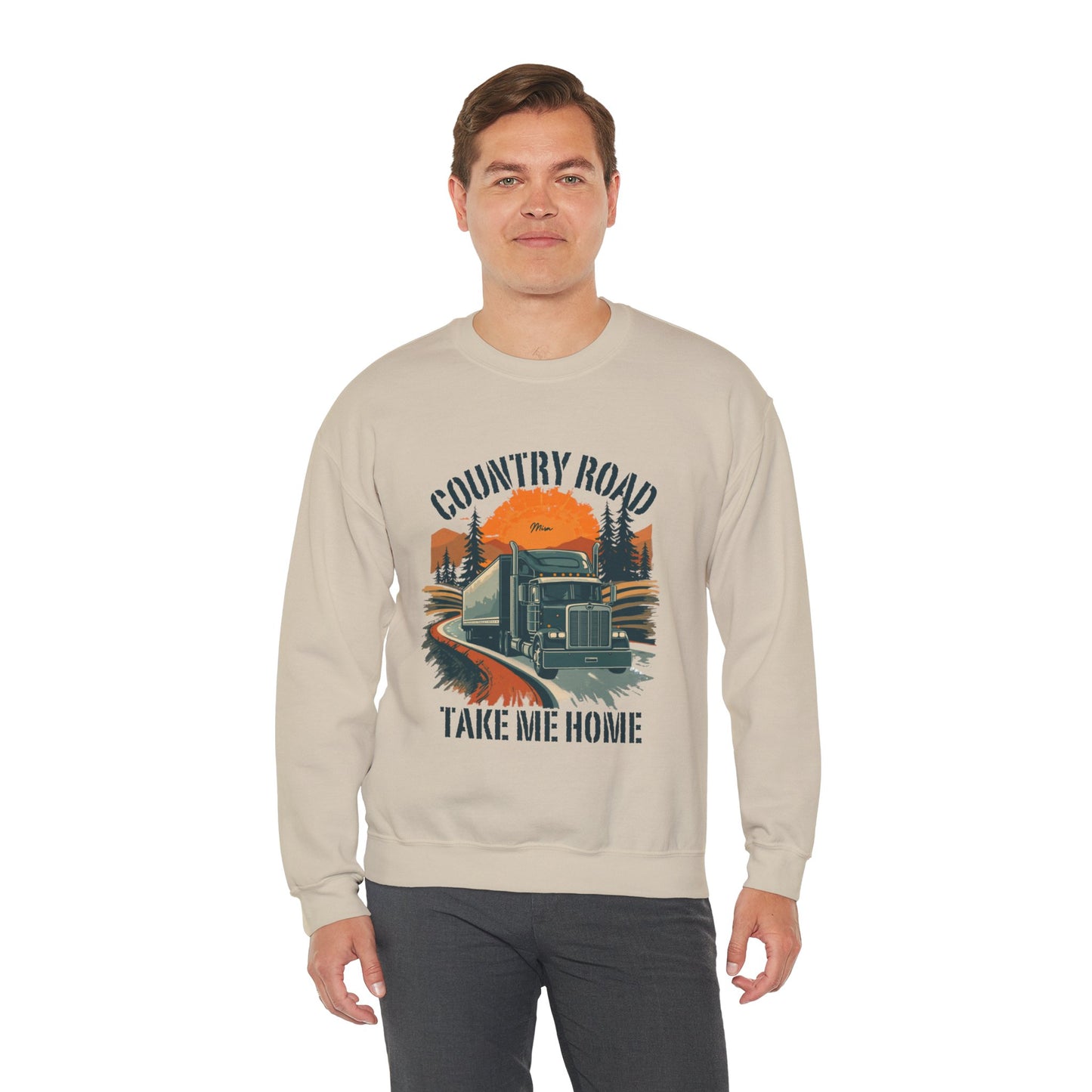 Crewneck Sweatshirt — "Country Road Take Me Home" Trucking Sunset Graphic