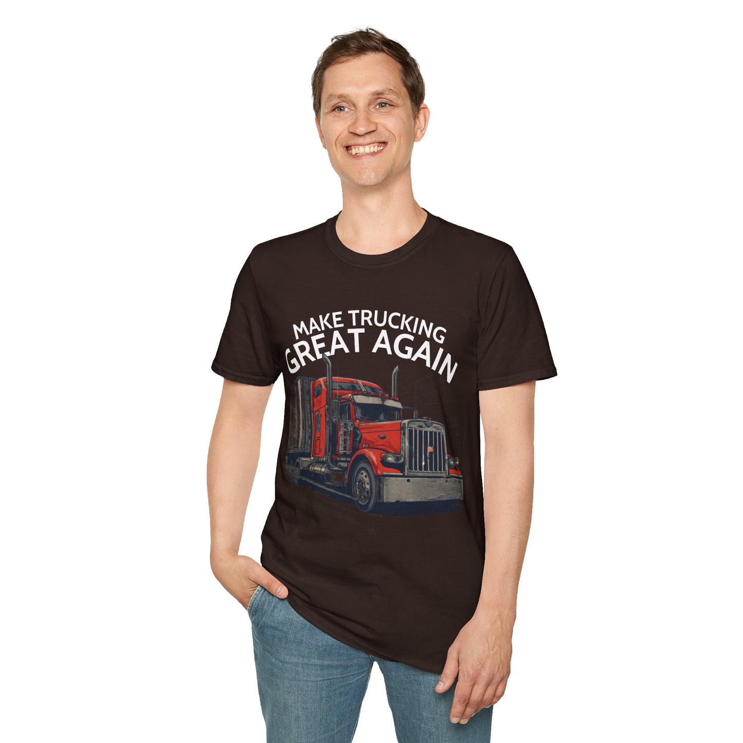 Make Trucking Great Again T-Shirt — Vintage Red Semi Truck Graphic Tee