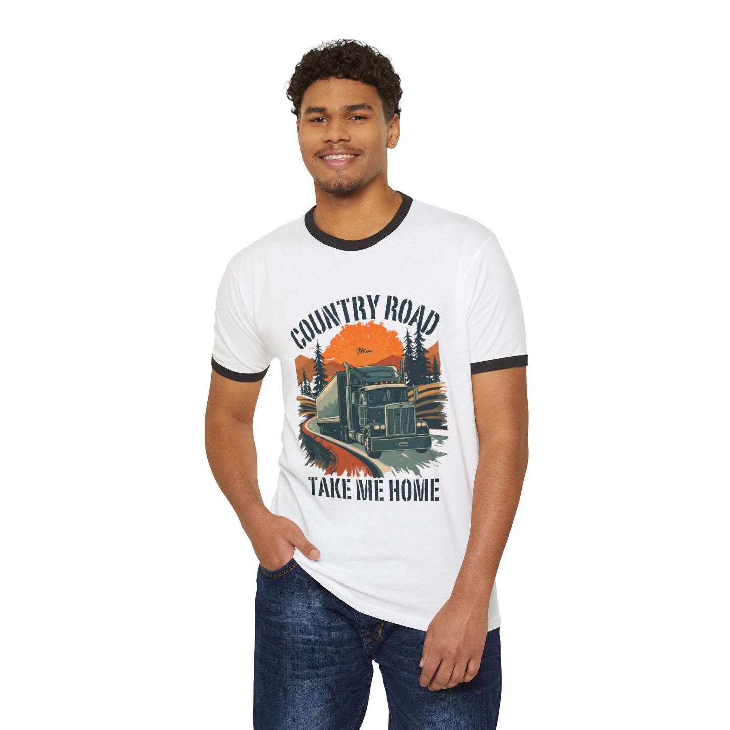 Country Road Trucker Ringer Tee — 'Country Road Take Me Home' Vintage Semi Truck T-Shirt