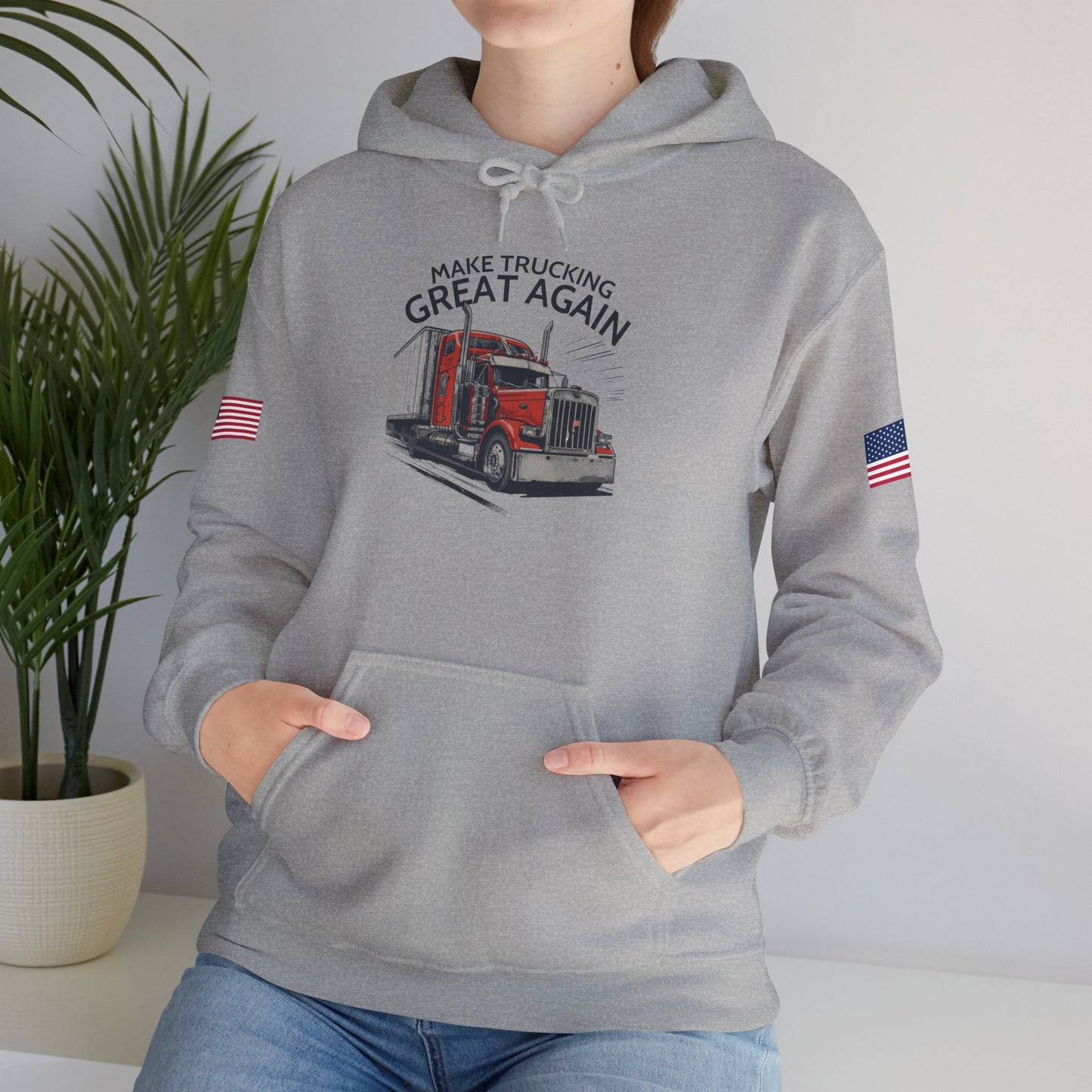 Trucker Hoodie - "Make Trucking Great Again" American Flag Sleeves