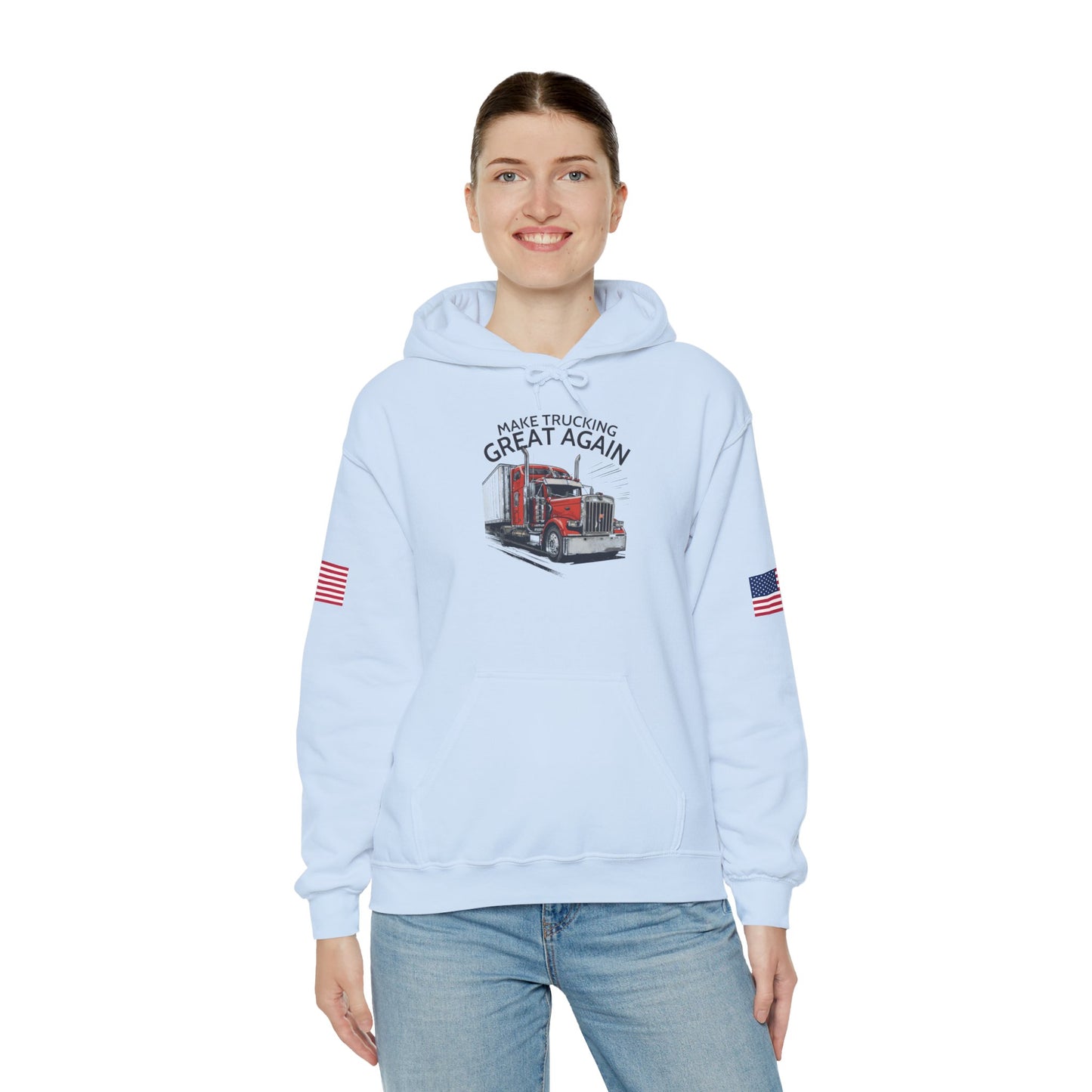 Trucker Hoodie - "Make Trucking Great Again" American Flag Sleeves