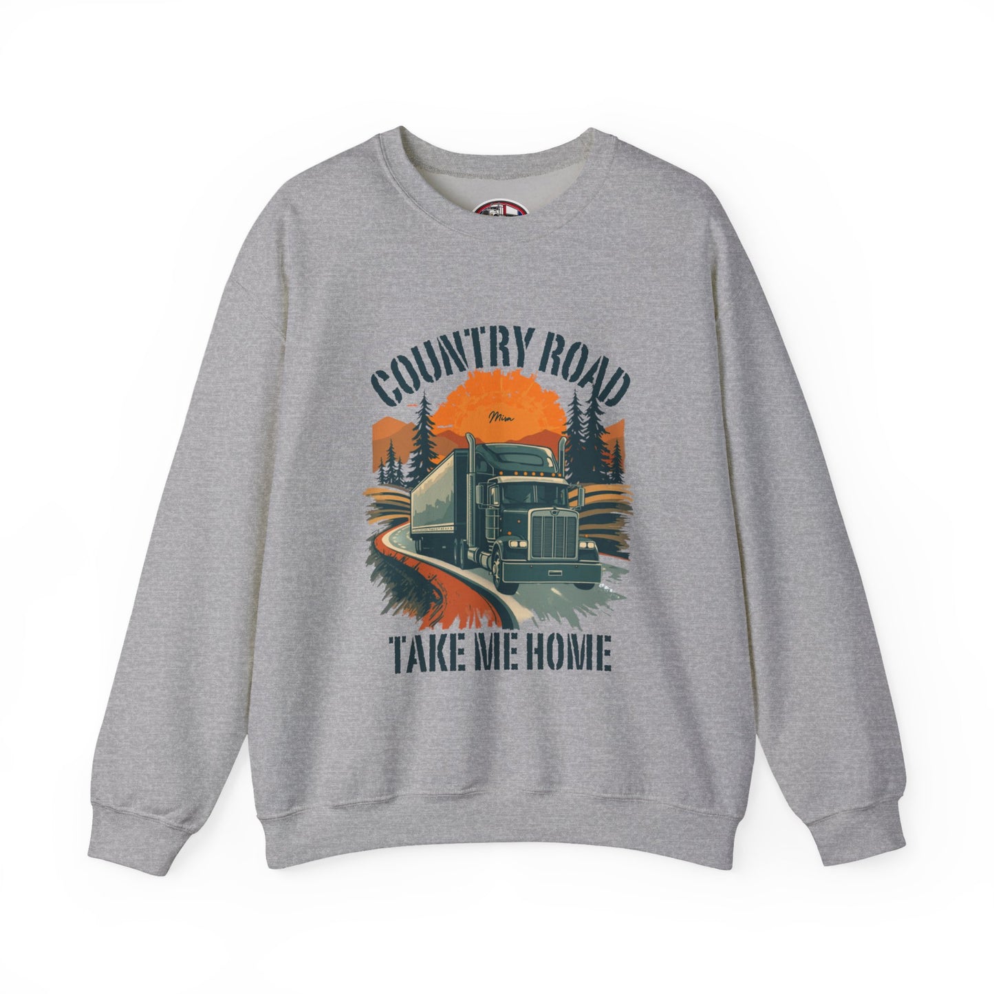 Crewneck Sweatshirt — "Country Road Take Me Home" Trucking Sunset Graphic