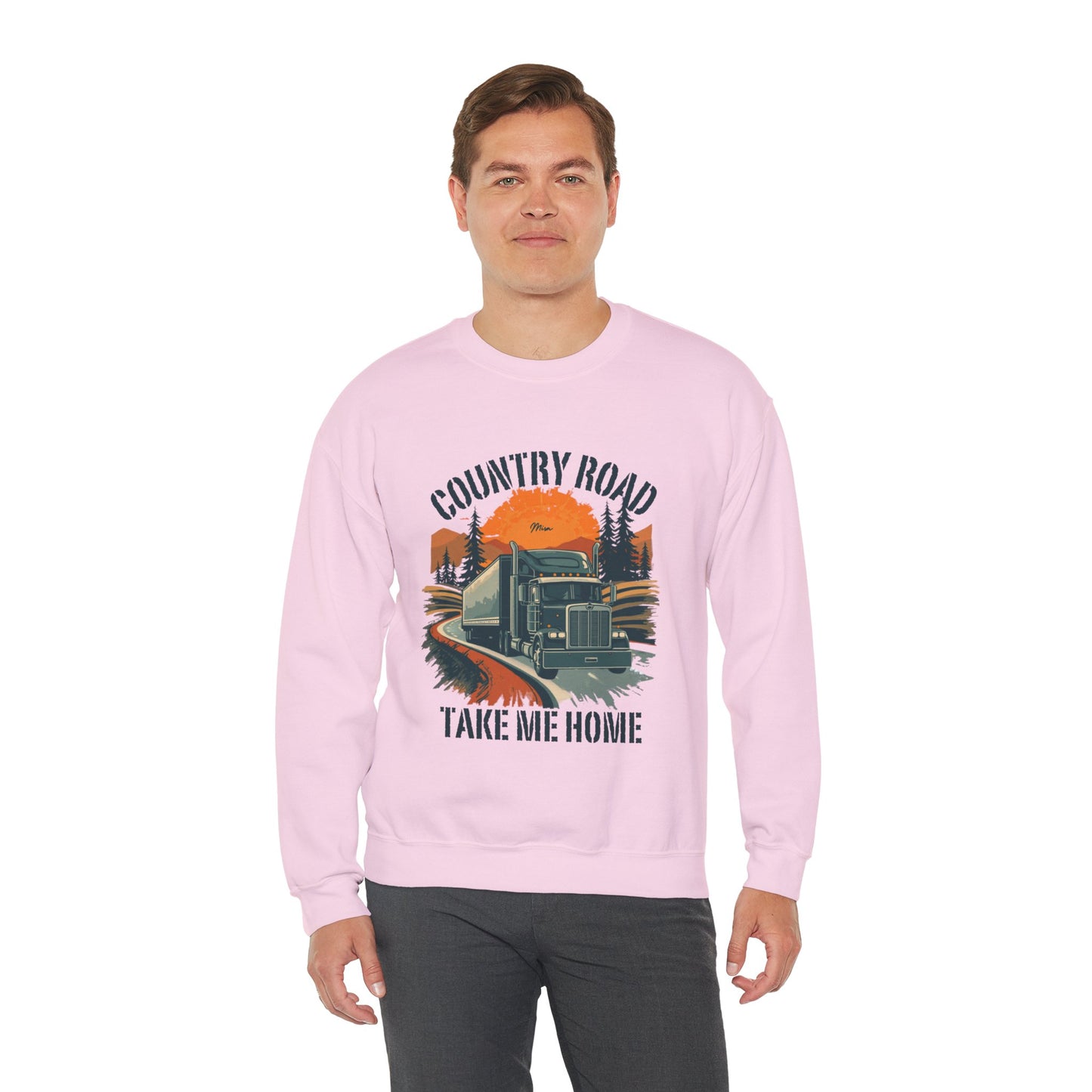 Crewneck Sweatshirt — "Country Road Take Me Home" Trucking Sunset Graphic