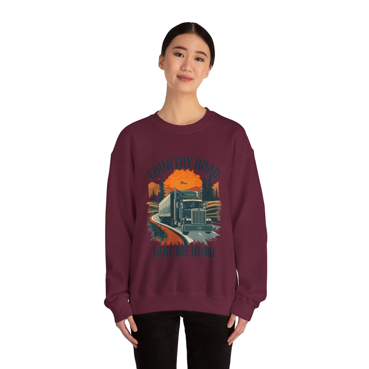 Crewneck Sweatshirt — "Country Road Take Me Home" Trucking Sunset Graphic