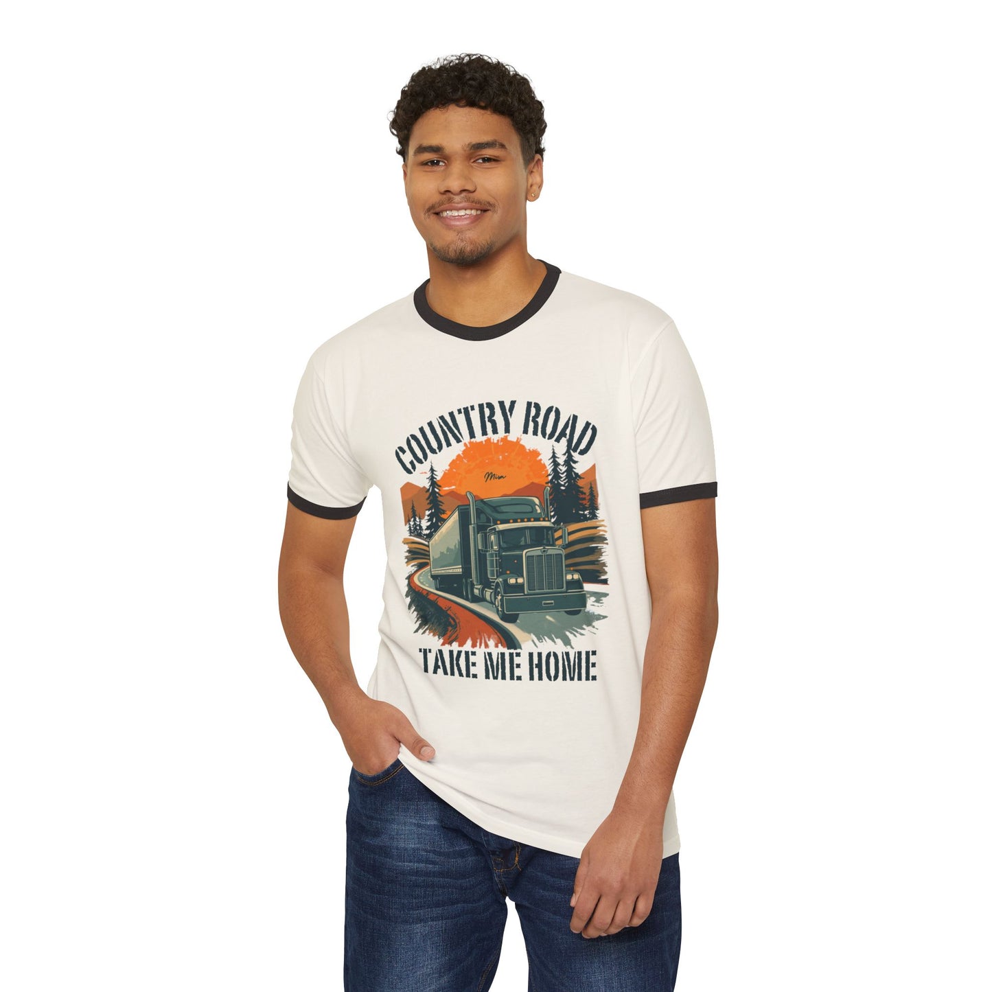 Country Road Trucker Ringer Tee — 'Country Road Take Me Home' Vintage Semi Truck T-Shirt