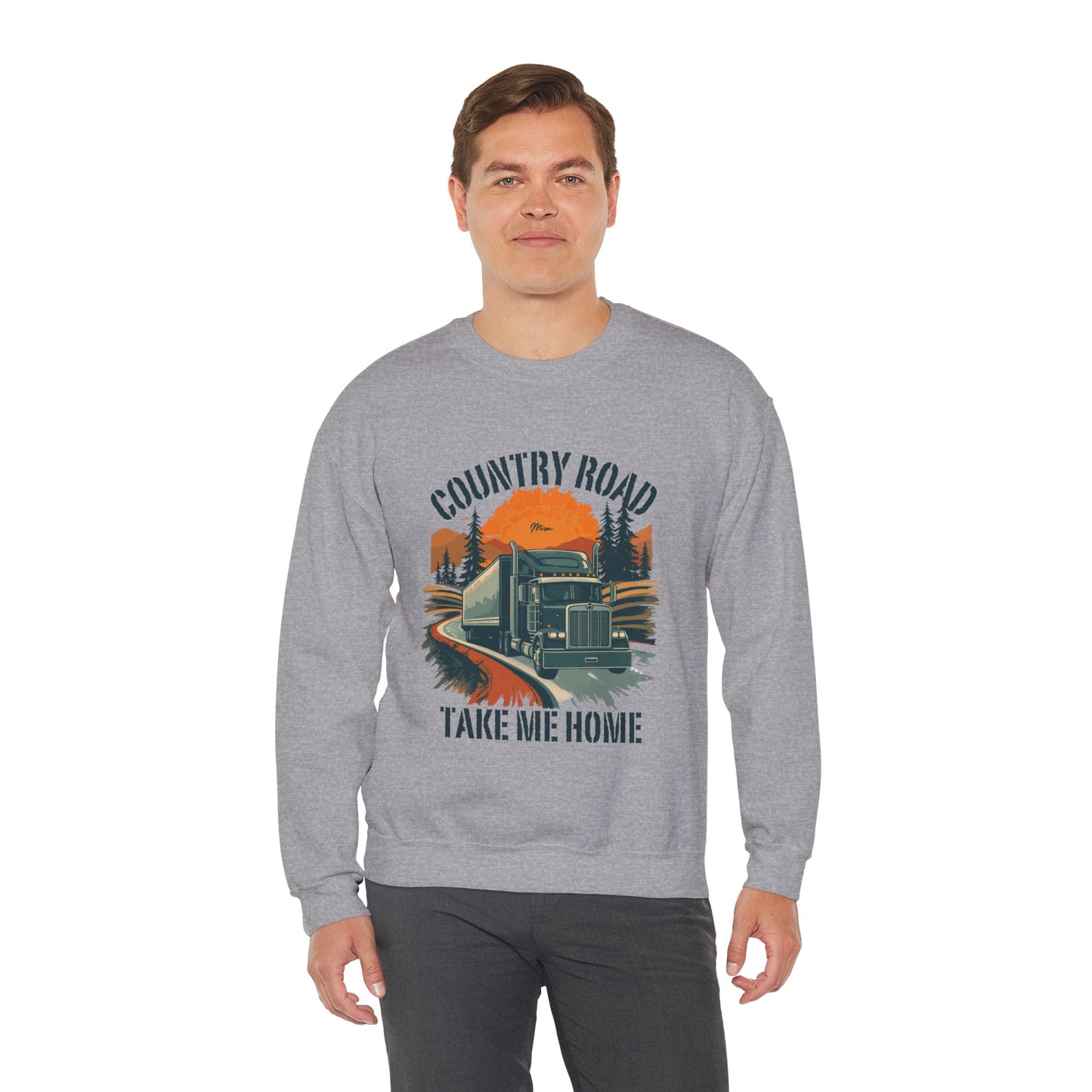 Crewneck Sweatshirt — "Country Road Take Me Home" Trucking Sunset Graphic