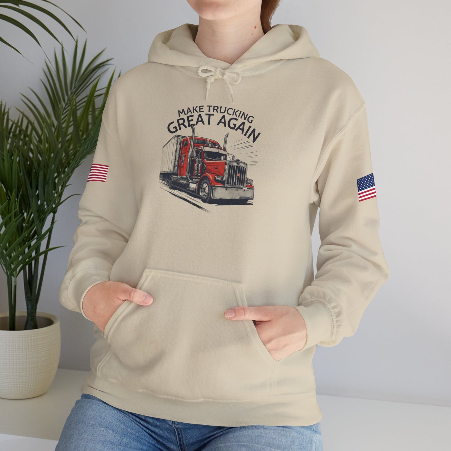Trucker Hoodie - "Make Trucking Great Again" American Flag Sleeves