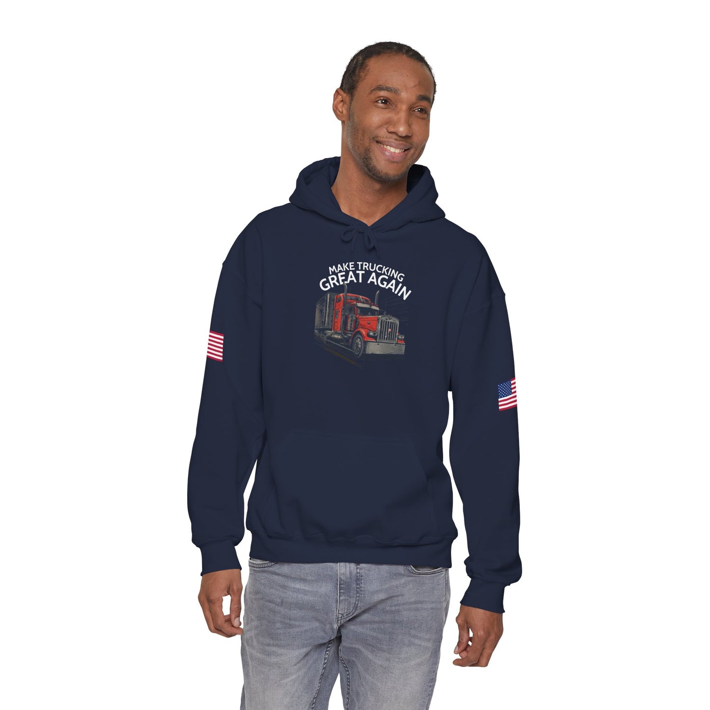Make Trucking Great Again Hoodie — American Flag Sleeves, Trucker Semi Truck Sweatshirt
