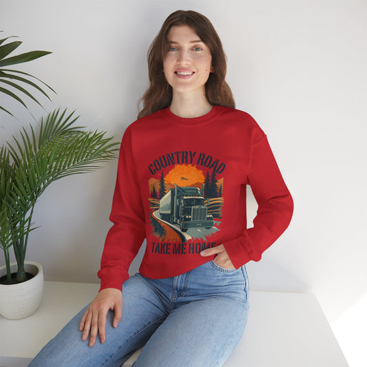 Crewneck Sweatshirt — "Country Road Take Me Home" Trucking Sunset Graphic