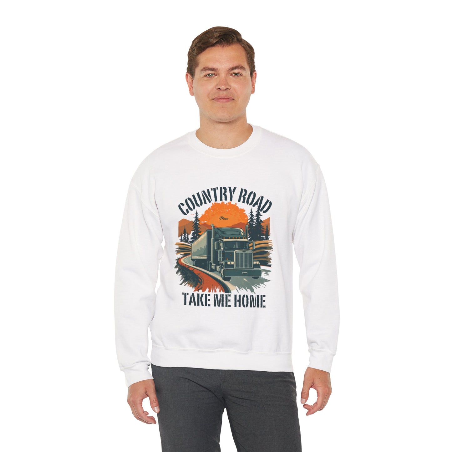 Crewneck Sweatshirt — "Country Road Take Me Home" Trucking Sunset Graphic