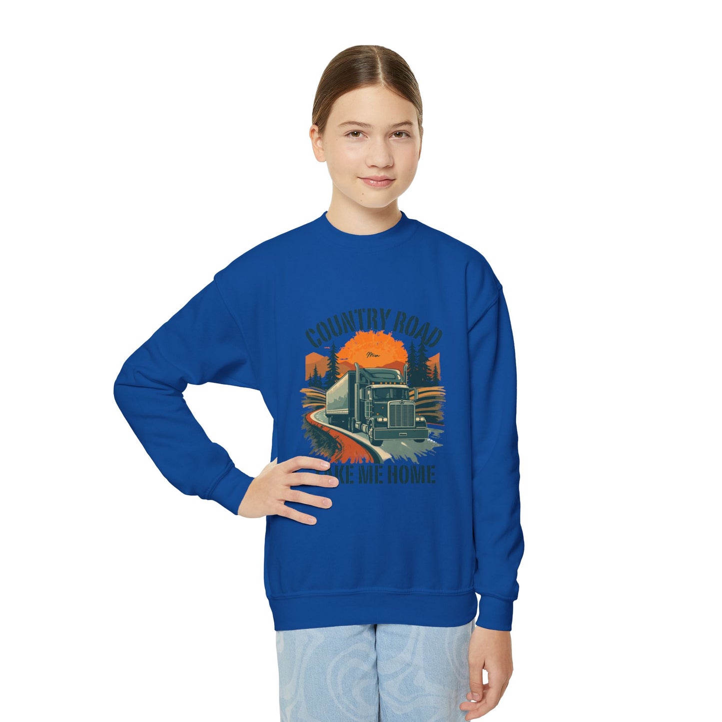 Youth Crewneck Sweatshirt — Retro 'Country Road Take Me Home' Truck Graphic