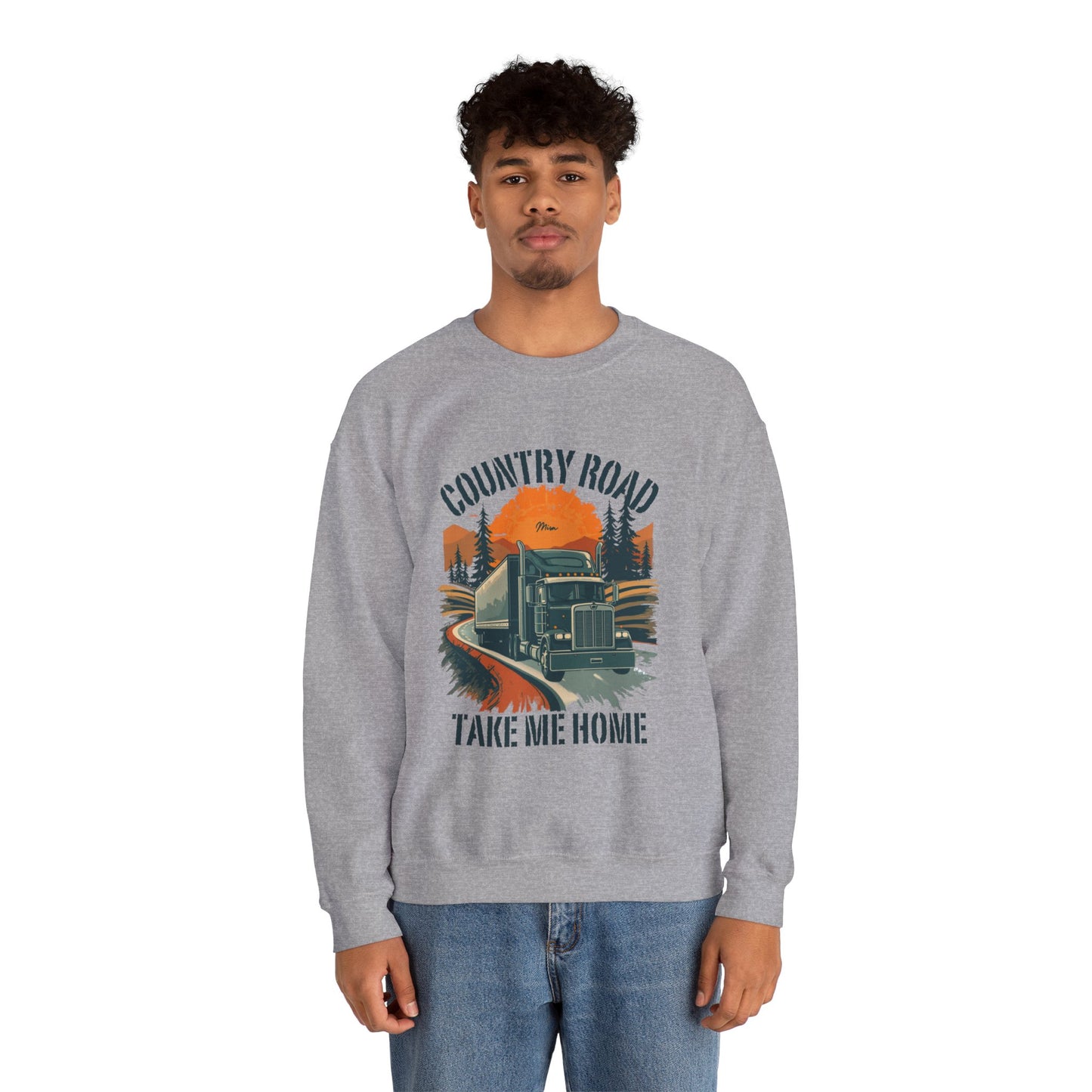 Crewneck Sweatshirt — "Country Road Take Me Home" Trucking Sunset Graphic