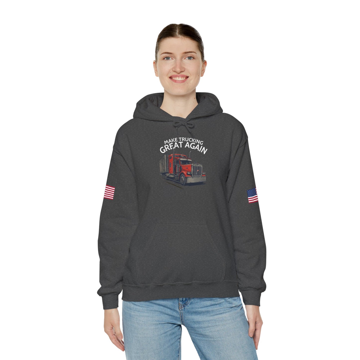 Make Trucking Great Again Hoodie — American Flag Sleeves, Trucker Semi Truck Sweatshirt