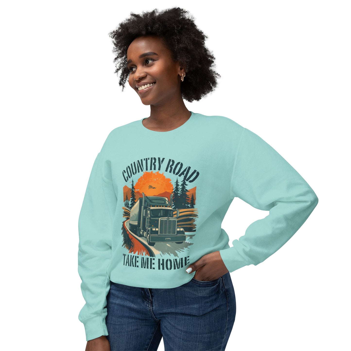 Country Road Truck Sweatshirt — "Country Road Take Me Home" Vintage Semi Truck Crewneck