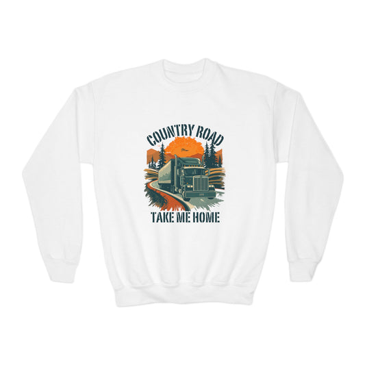 Youth Crewneck Sweatshirt — Retro 'Country Road Take Me Home' Truck Graphic
