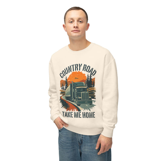 Country Road Truck Sweatshirt — "Country Road Take Me Home" Vintage Semi Truck Crewneck