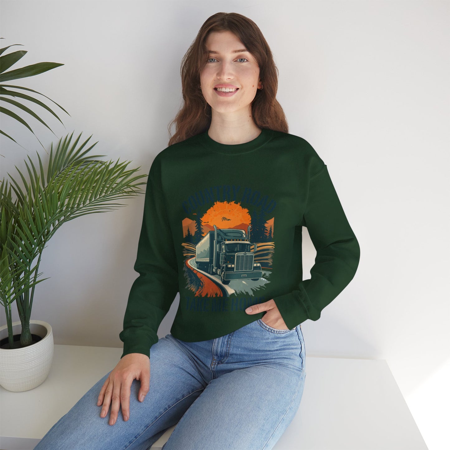 Crewneck Sweatshirt — "Country Road Take Me Home" Trucking Sunset Graphic