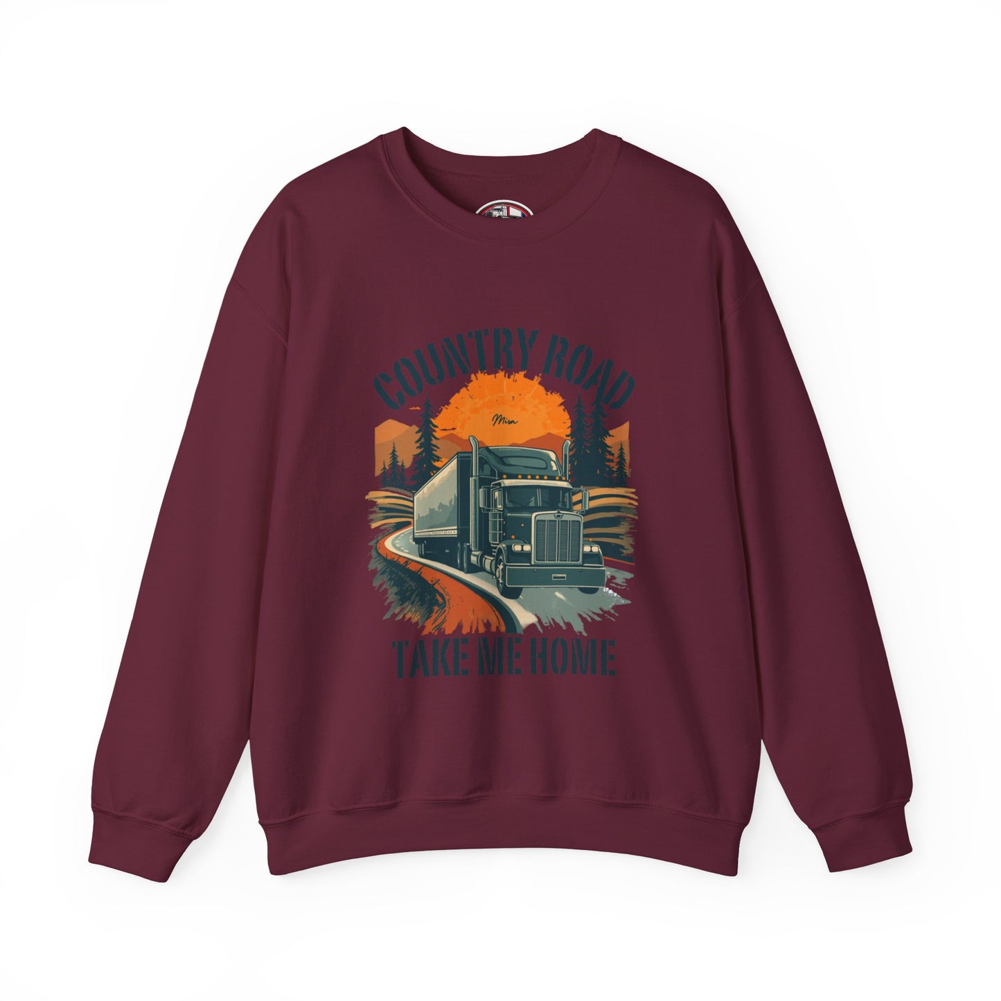 Crewneck Sweatshirt — "Country Road Take Me Home" Trucking Sunset Graphic