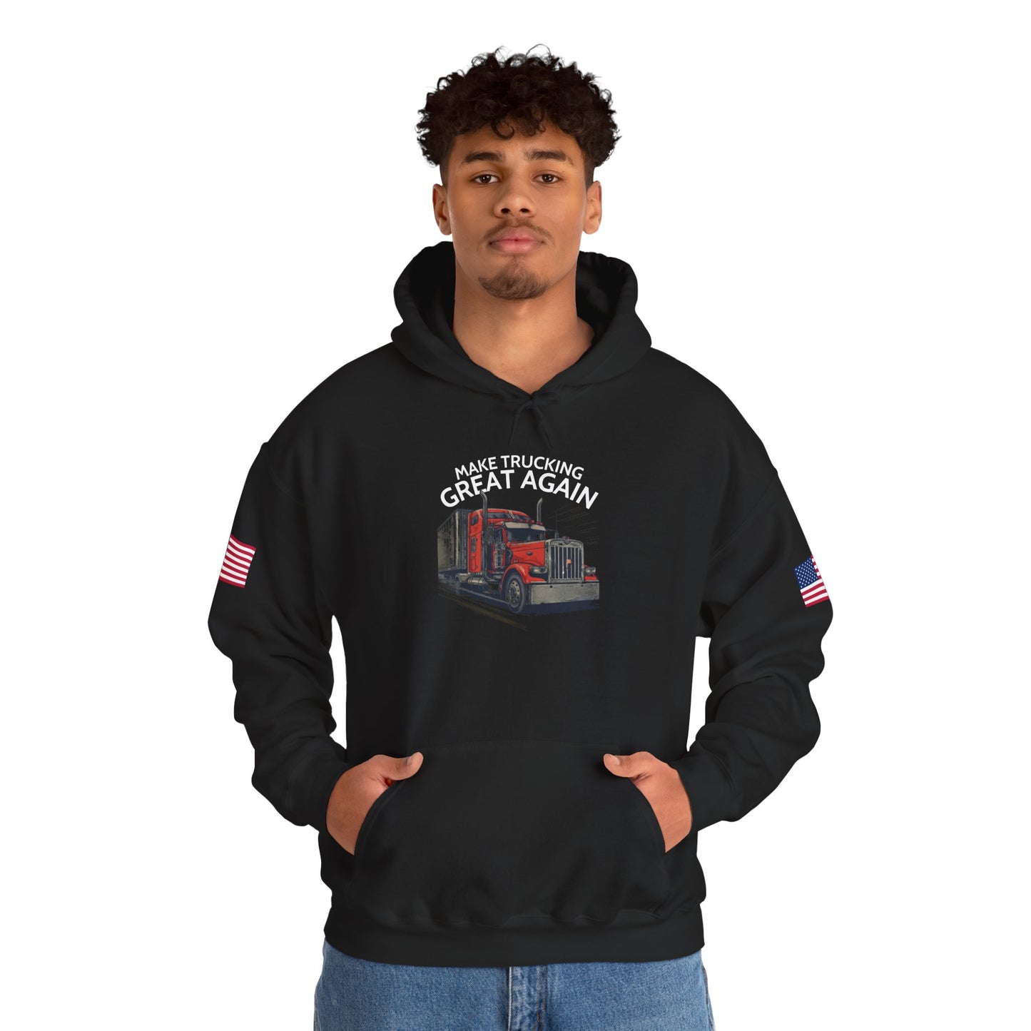 Make Trucking Great Again Hoodie — American Flag Sleeves, Trucker Semi Truck Sweatshirt