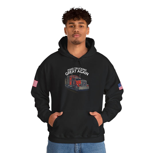 Make Trucking Great Again Hoodie — American Flag Sleeves, Trucker Semi Truck Sweatshirt