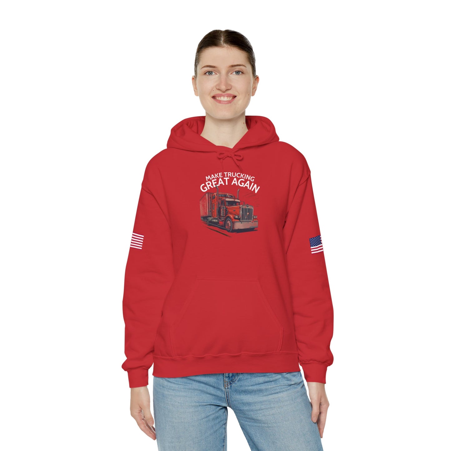 Make Trucking Great Again Hoodie — American Flag Sleeves, Trucker Semi Truck Sweatshirt