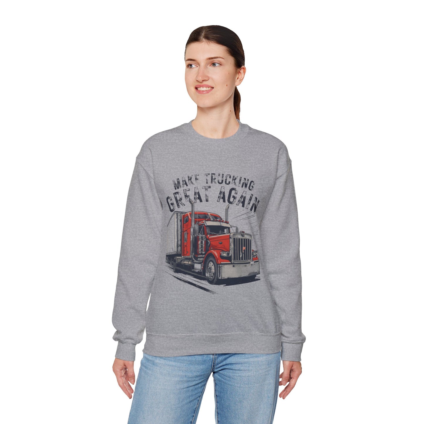 Trucker Crewneck Sweatshirt — “Make Trucking Great Again” Vintage Semi Truck Design