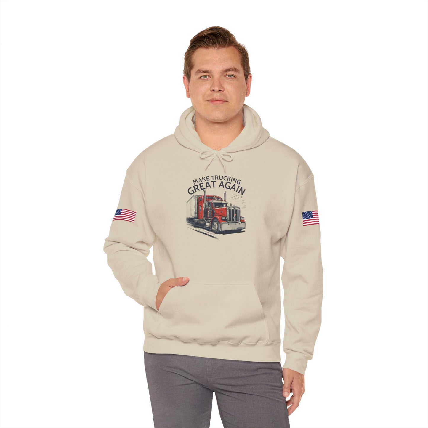 Trucker Hoodie - "Make Trucking Great Again" American Flag Sleeves