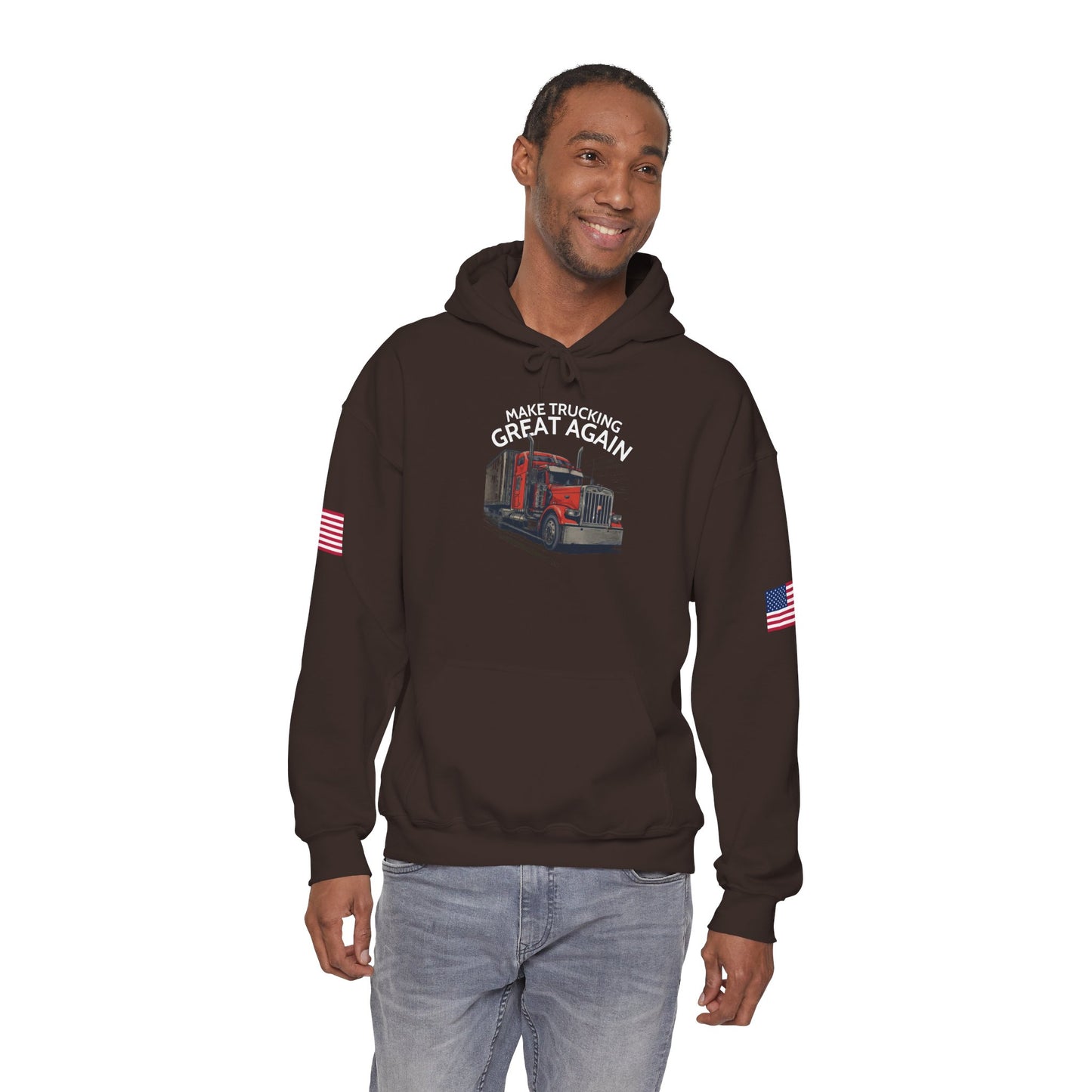 Make Trucking Great Again Hoodie — American Flag Sleeves, Trucker Semi Truck Sweatshirt