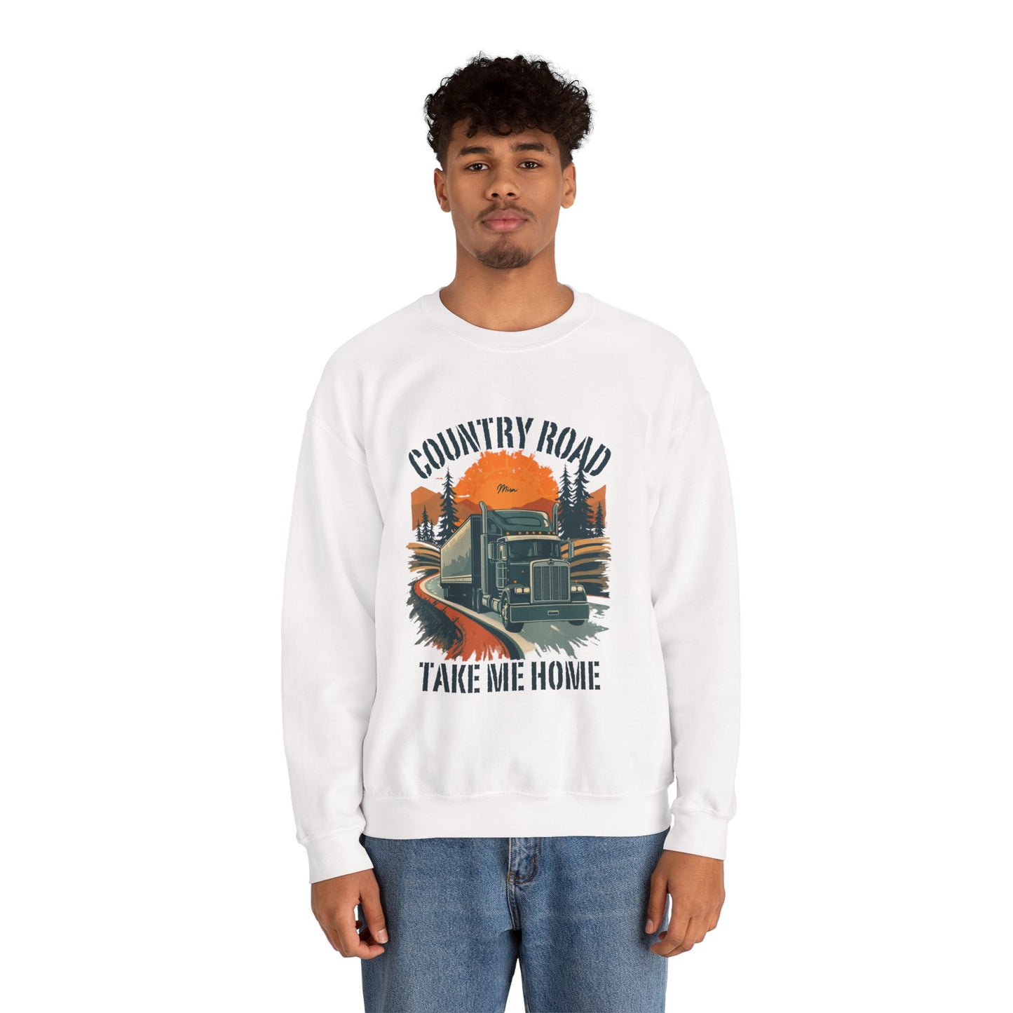 Crewneck Sweatshirt — "Country Road Take Me Home" Trucking Sunset Graphic