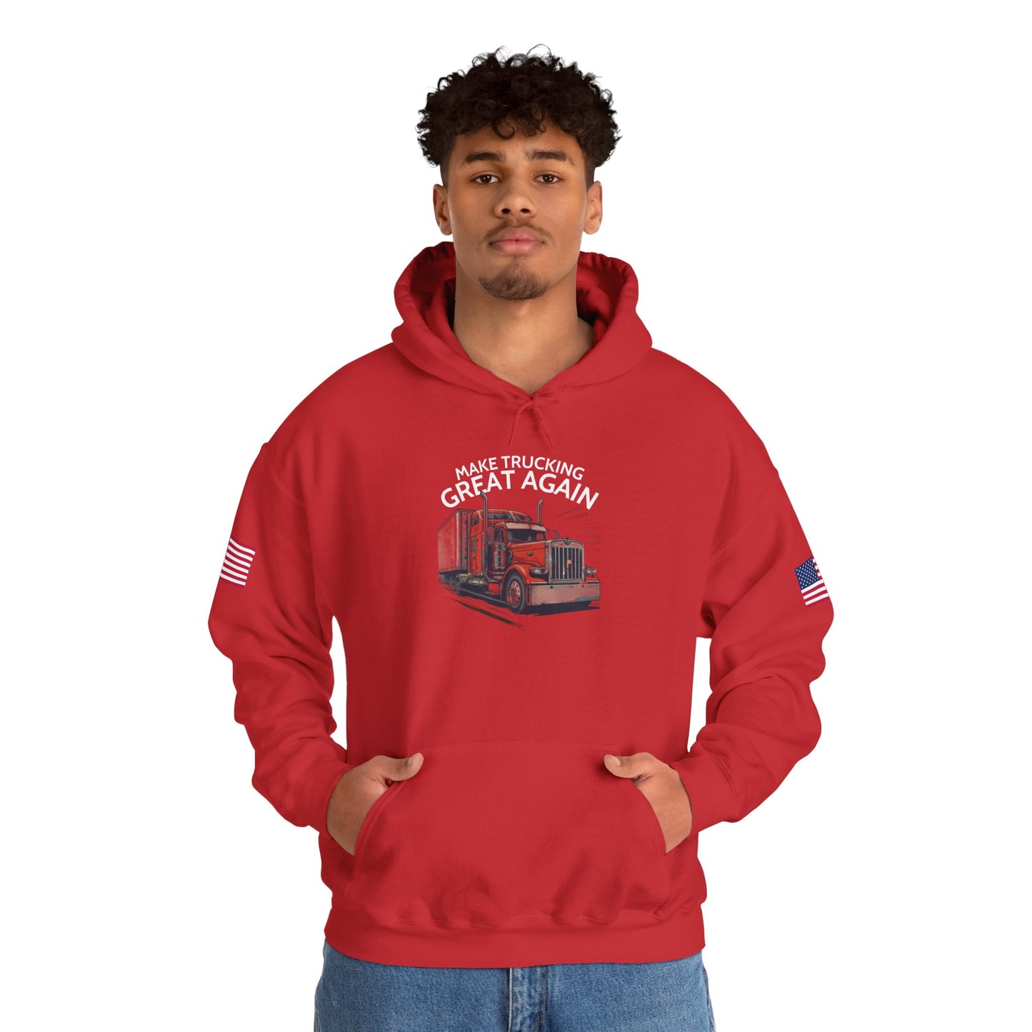 Make Trucking Great Again Hoodie — American Flag Sleeves, Trucker Semi Truck Sweatshirt