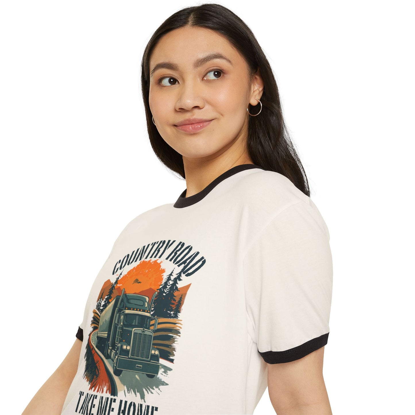 Country Road Trucker Ringer Tee — 'Country Road Take Me Home' Vintage Semi Truck T-Shirt