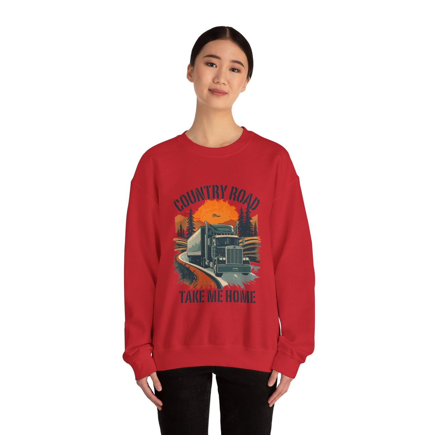 Crewneck Sweatshirt — "Country Road Take Me Home" Trucking Sunset Graphic