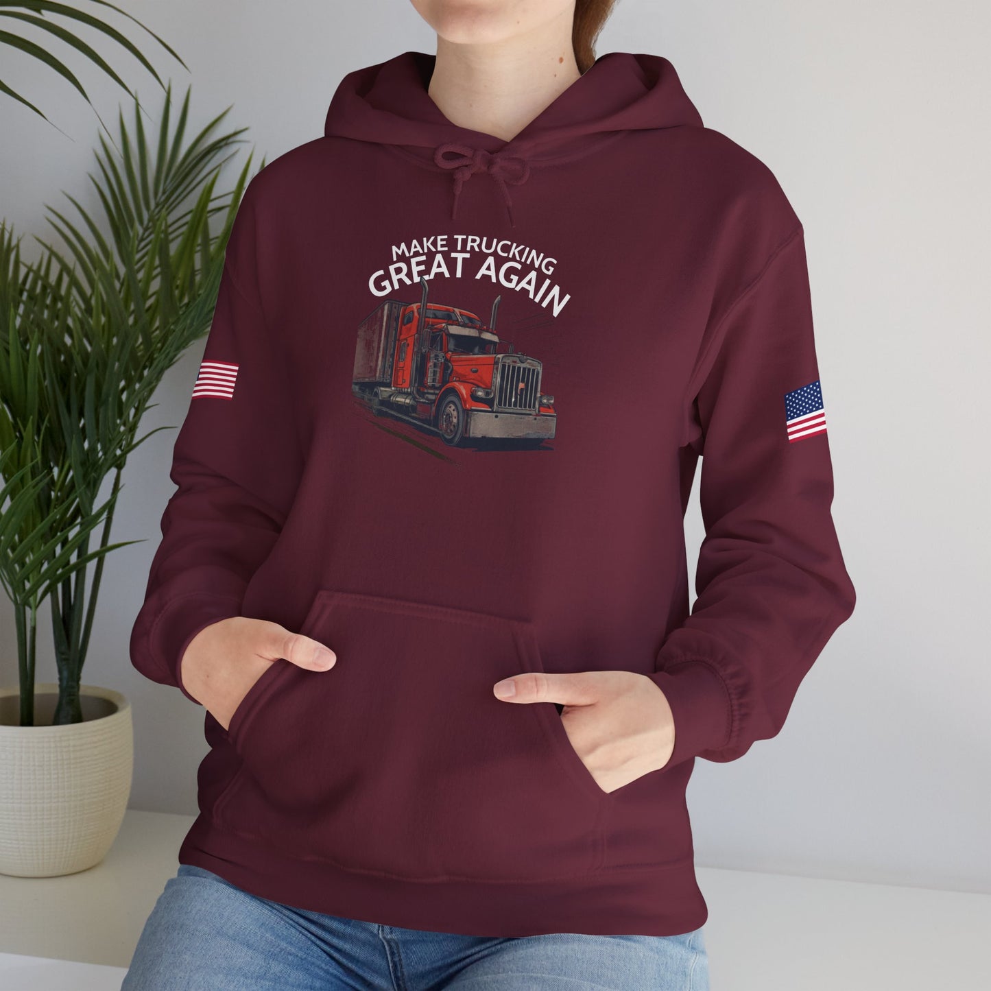 Make Trucking Great Again Hoodie — American Flag Sleeves, Trucker Semi Truck Sweatshirt