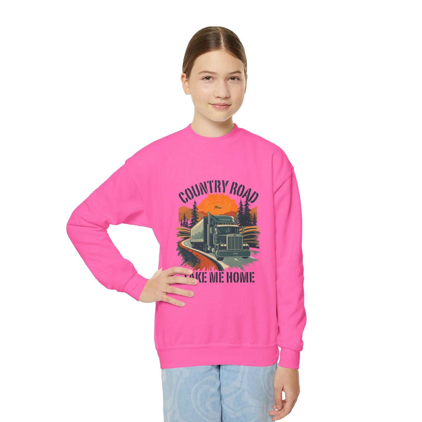 Youth Crewneck Sweatshirt — Retro 'Country Road Take Me Home' Truck Graphic