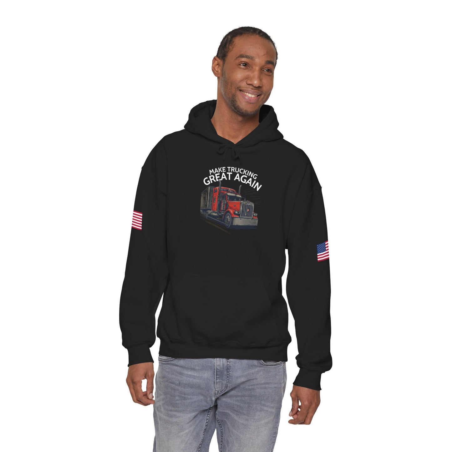 Make Trucking Great Again Hoodie — American Flag Sleeves, Trucker Semi Truck Sweatshirt