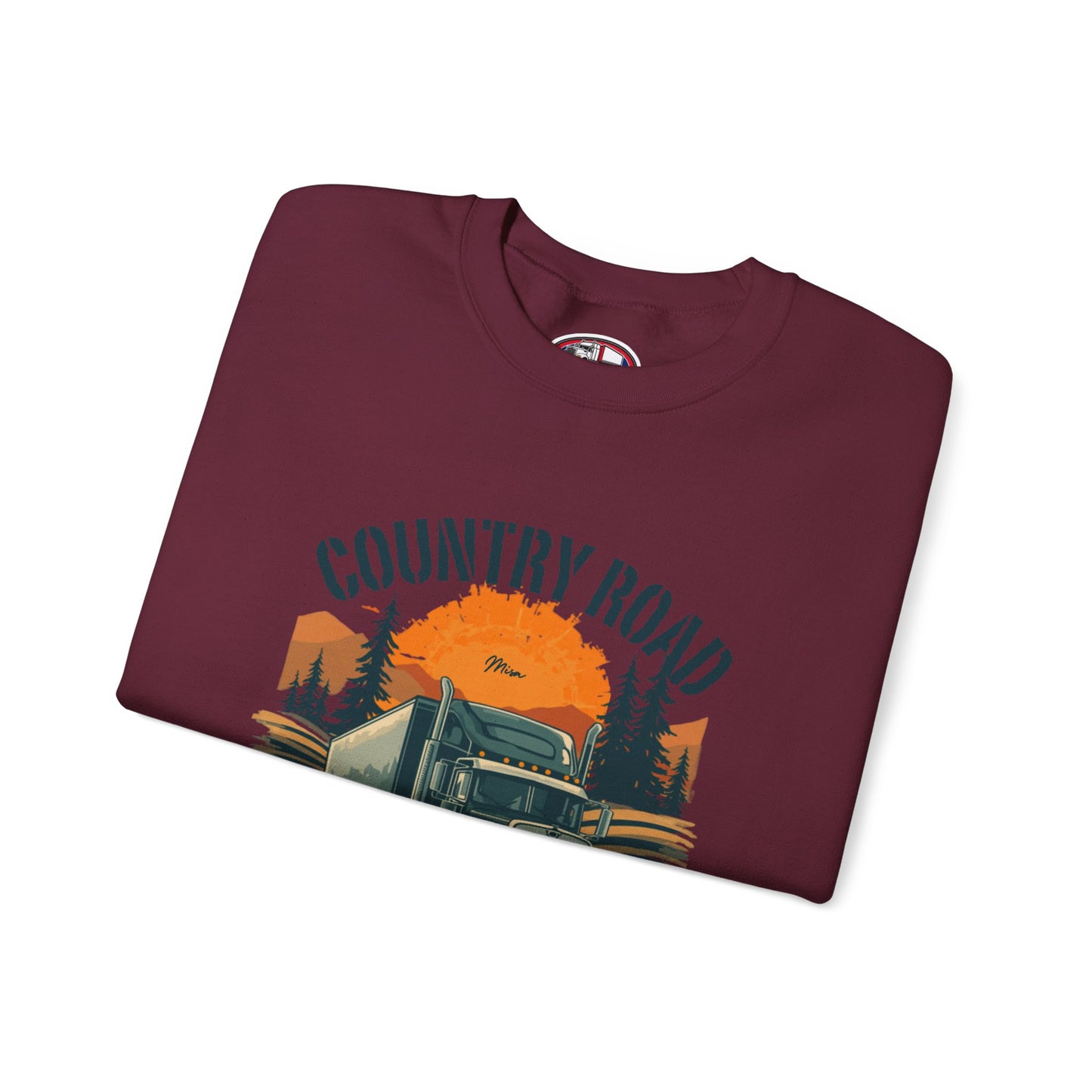 Crewneck Sweatshirt — "Country Road Take Me Home" Trucking Sunset Graphic