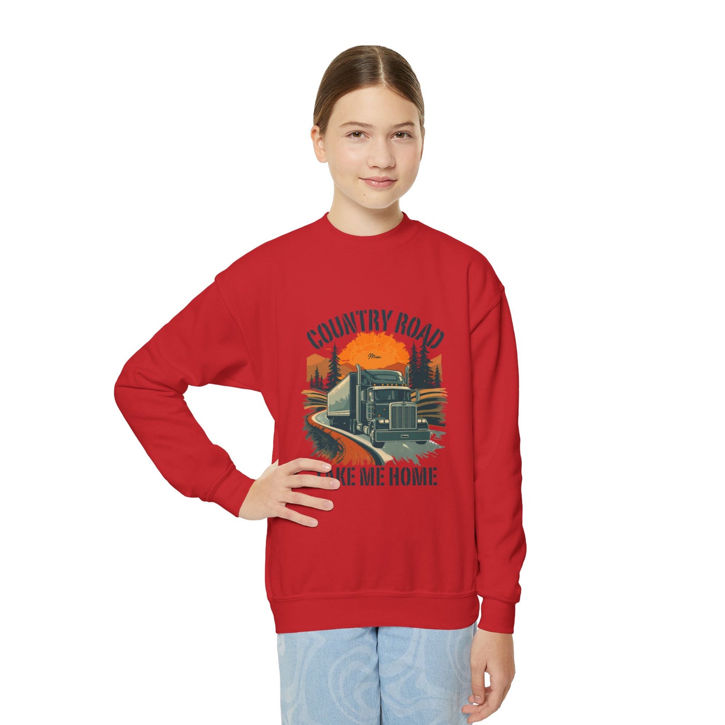 Youth Crewneck Sweatshirt — Retro 'Country Road Take Me Home' Truck Graphic