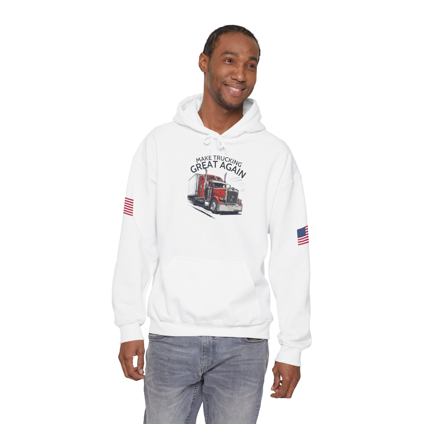 Trucker Hoodie - "Make Trucking Great Again" American Flag Sleeves