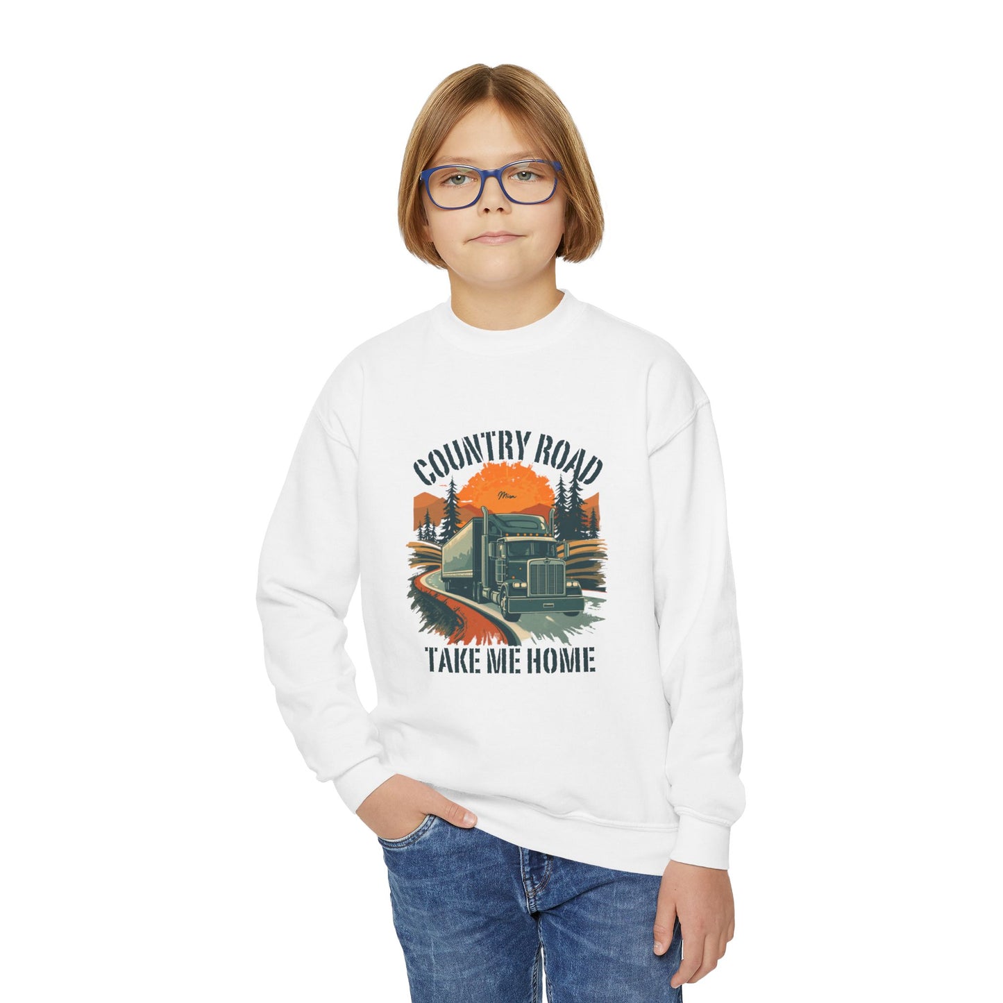 Youth Crewneck Sweatshirt — Retro 'Country Road Take Me Home' Truck Graphic