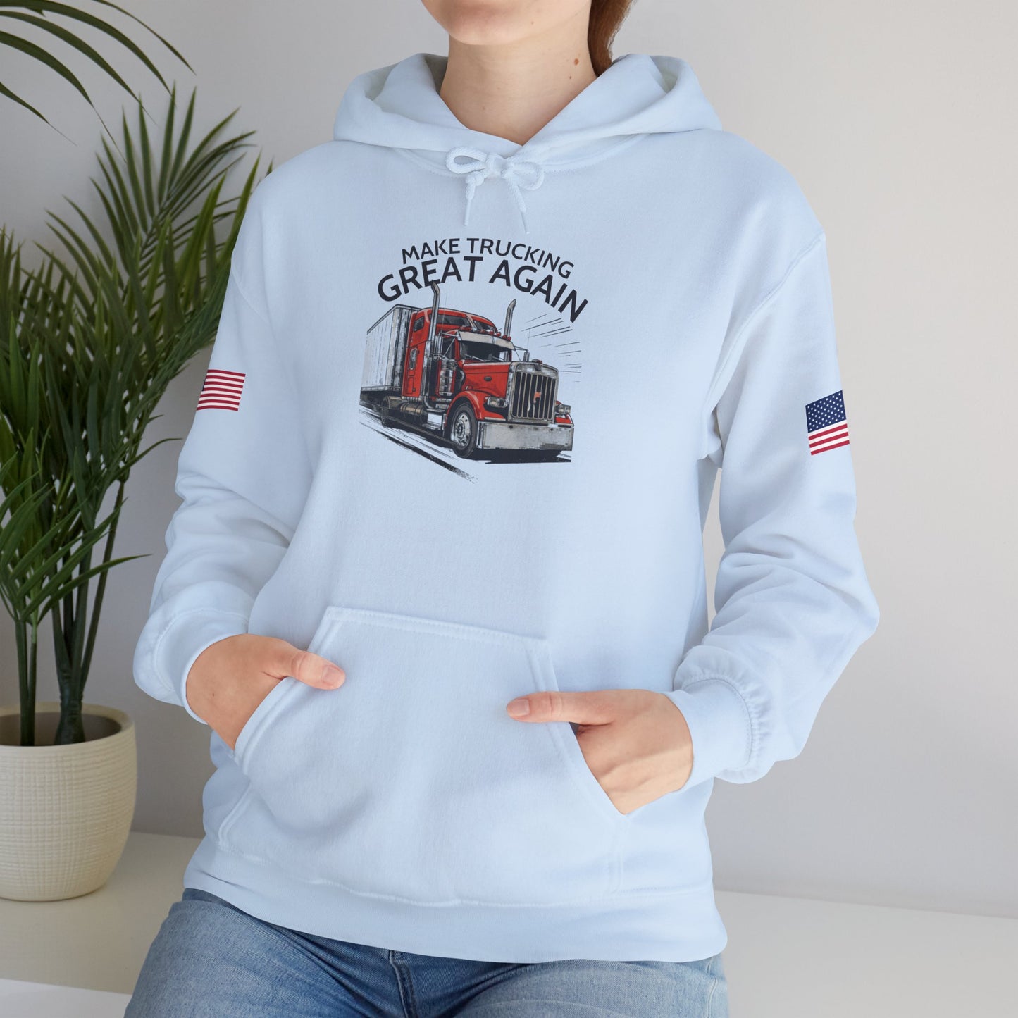 Trucker Hoodie - "Make Trucking Great Again" American Flag Sleeves