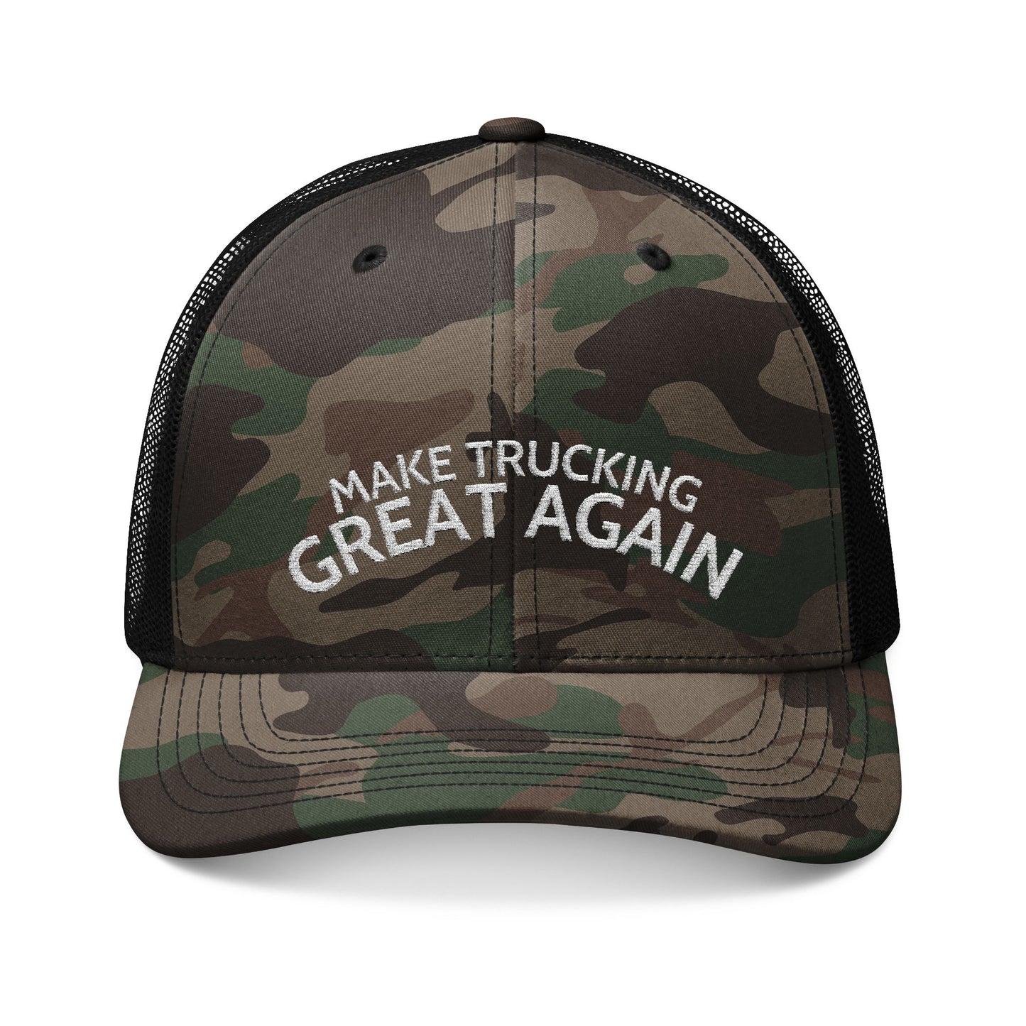 Camo Trucker Hat — "Make Trucking Great Again" Embroidered Mesh Cap