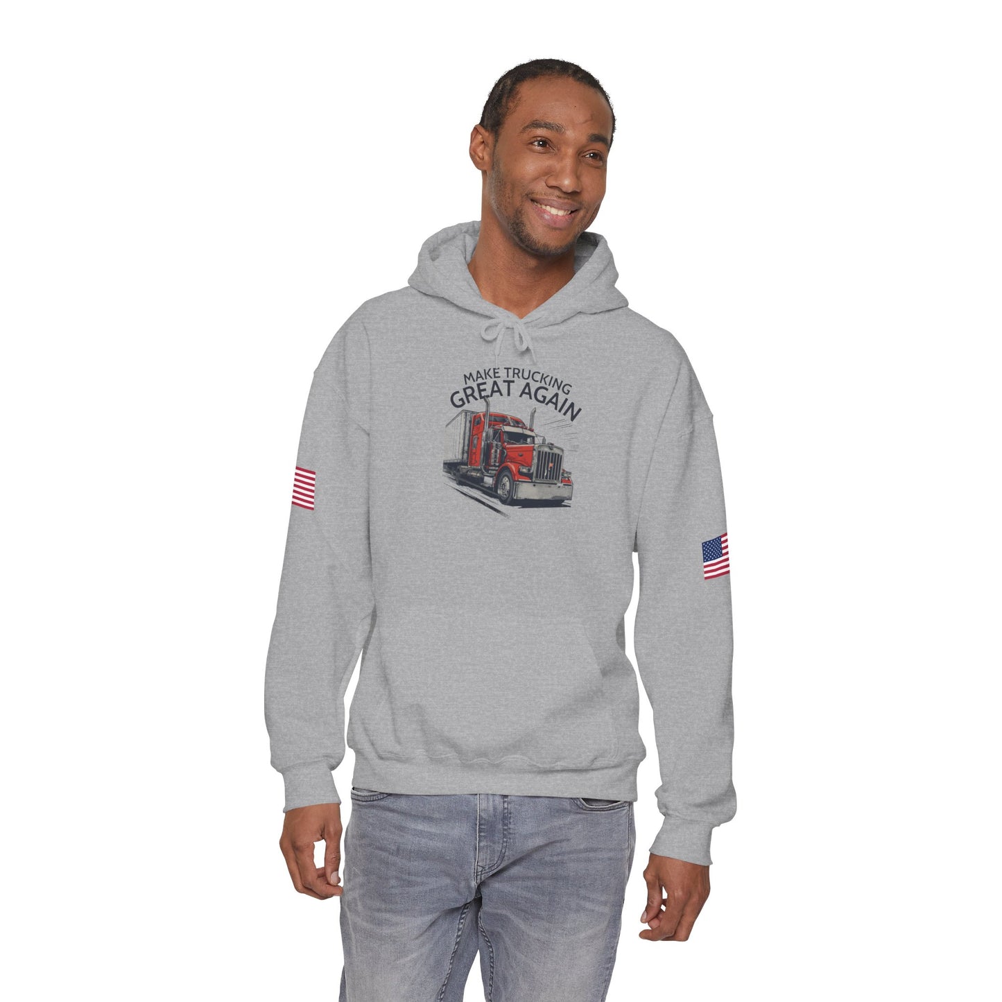 Trucker Hoodie - "Make Trucking Great Again" American Flag Sleeves