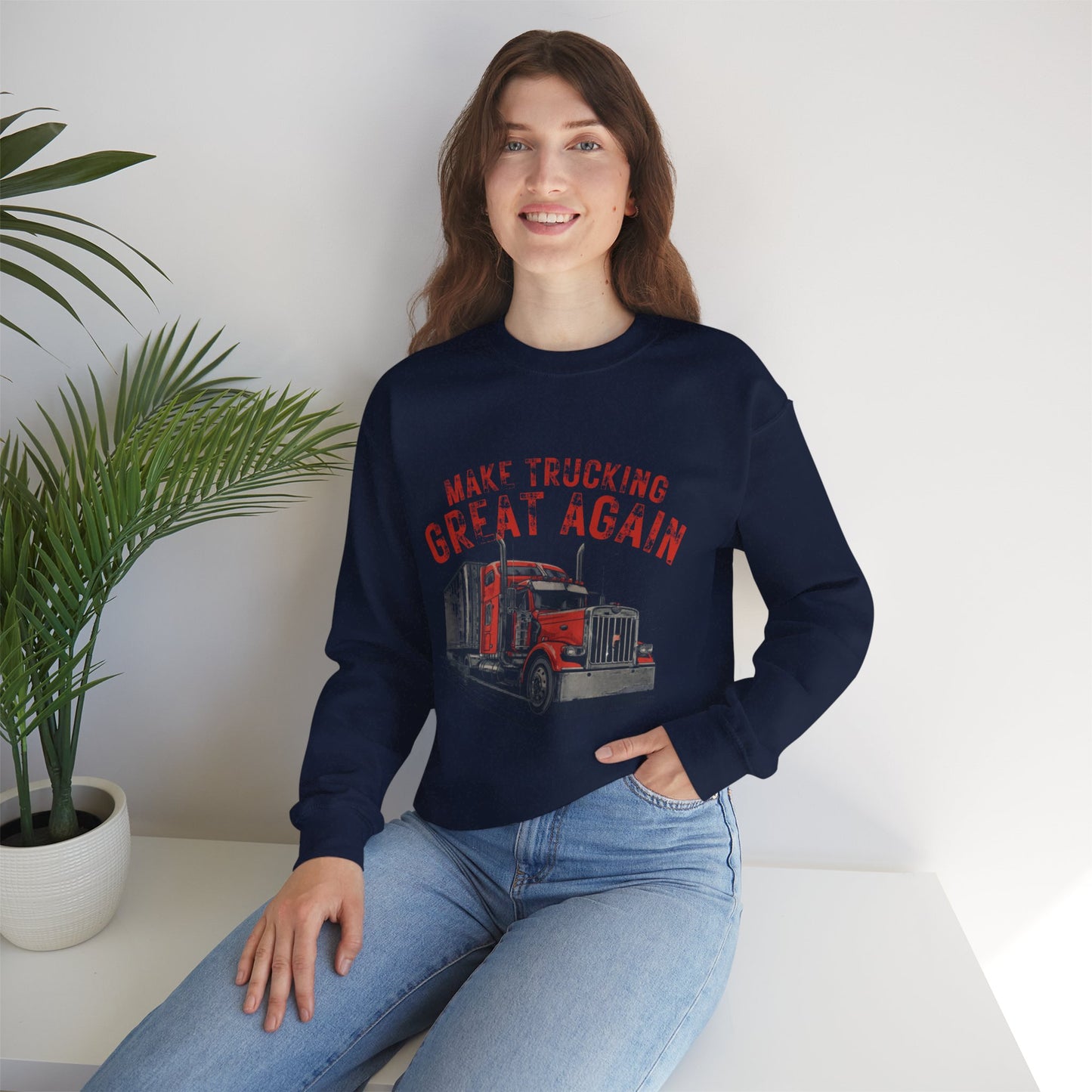 Crewneck Sweatshirt — "Make Trucking Great Again" Vintage Semi Tractor Graphic