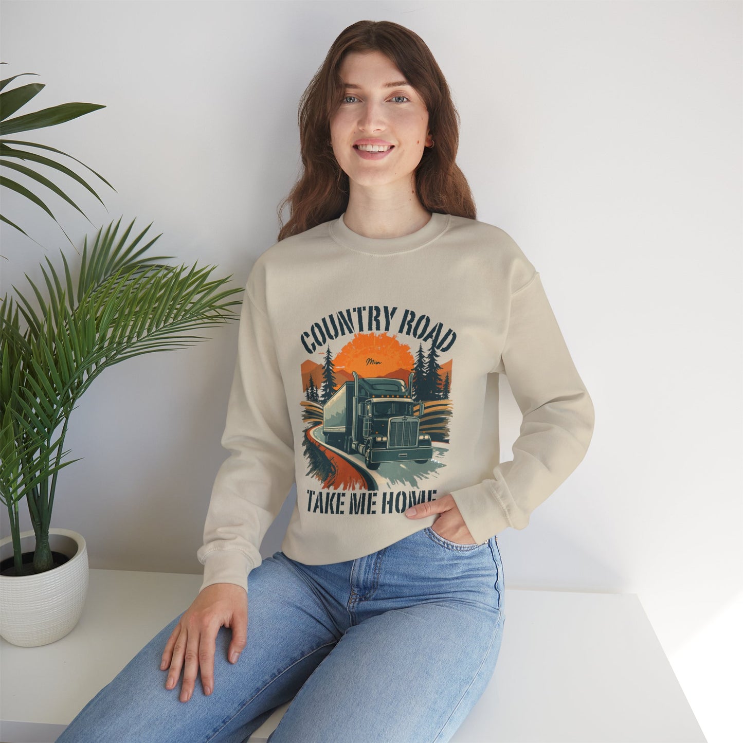 Crewneck Sweatshirt — "Country Road Take Me Home" Trucking Sunset Graphic