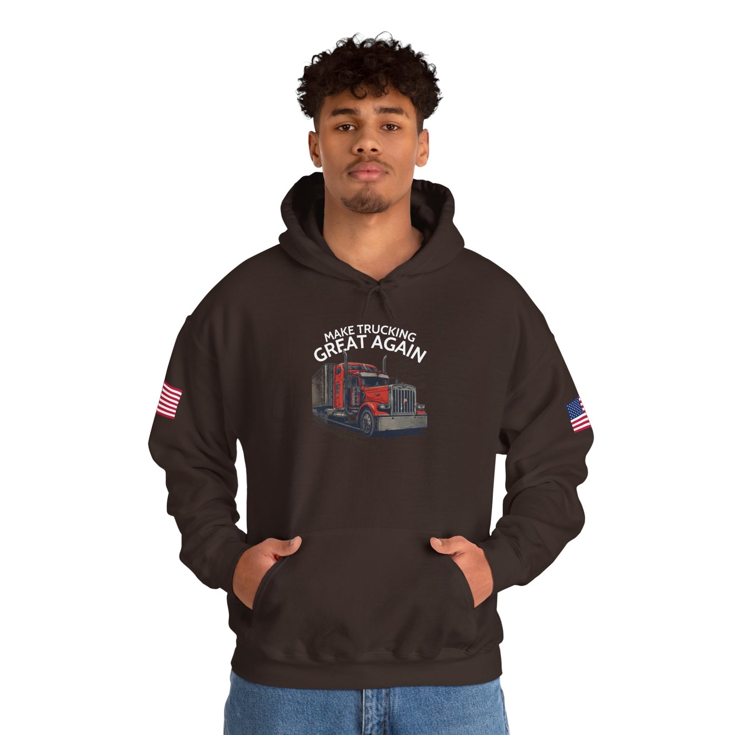 Make Trucking Great Again Hoodie — American Flag Sleeves, Trucker Semi Truck Sweatshirt