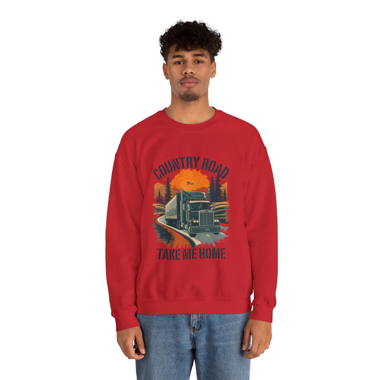 Crewneck Sweatshirt — "Country Road Take Me Home" Trucking Sunset Graphic