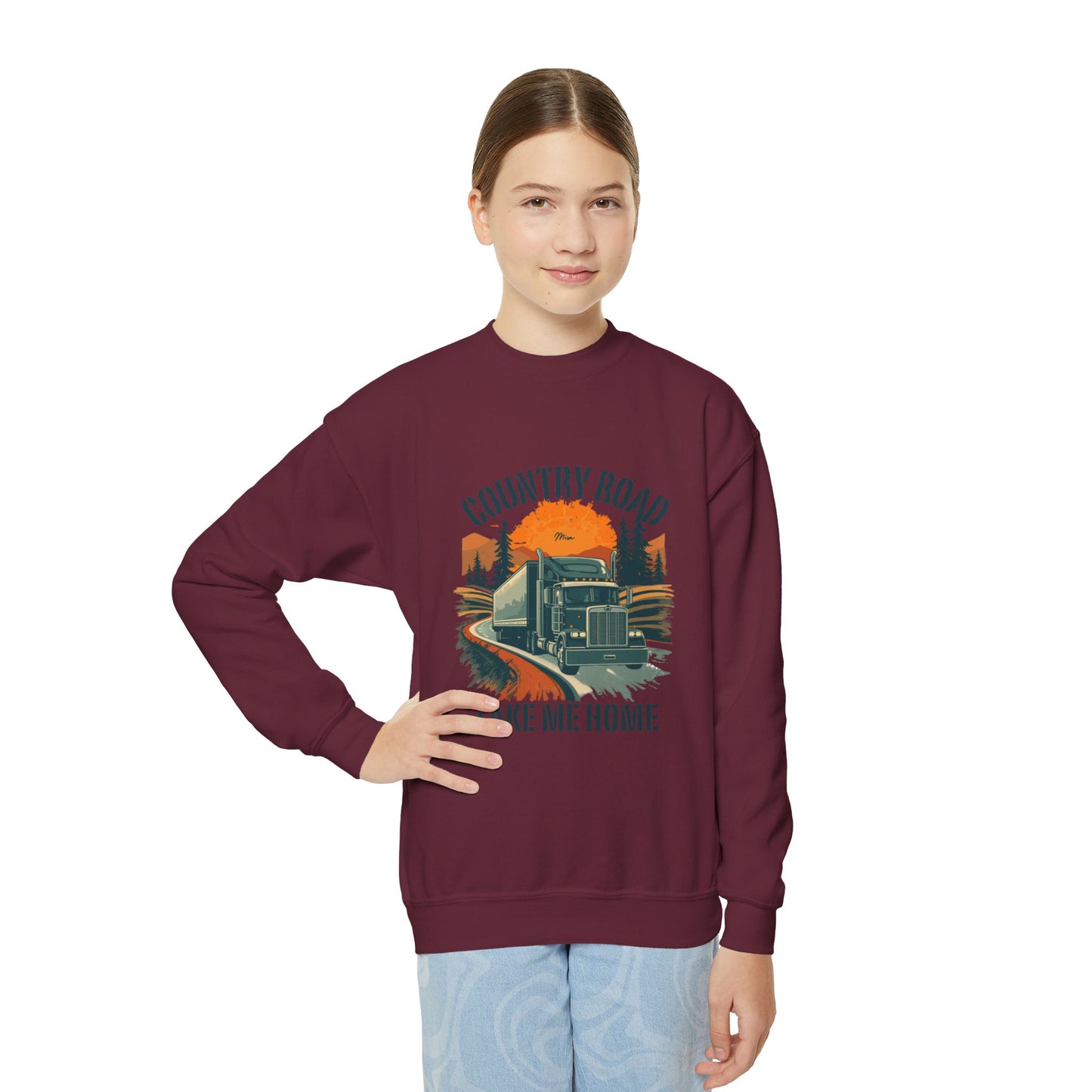 Youth Crewneck Sweatshirt — Retro 'Country Road Take Me Home' Truck Graphic
